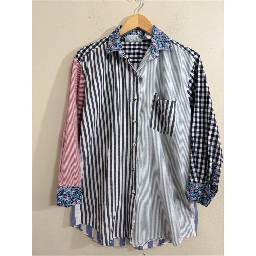 VTG Womens Patchwork Cotton Button-Up Shirt 3/4 Sleeve size M Cottagecore Casual
